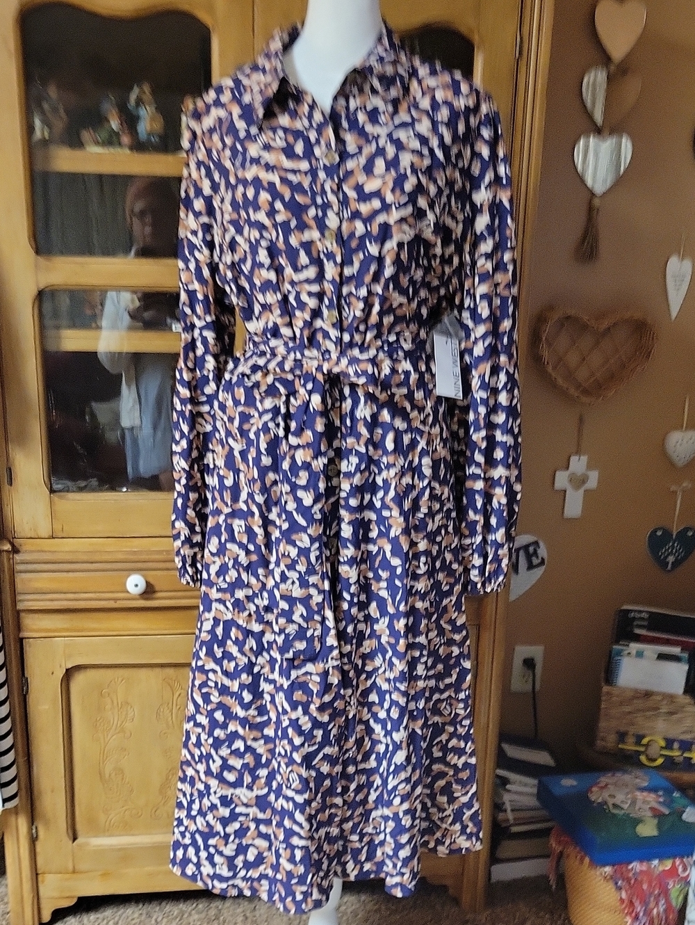 NWT Nine West Navy and Tan Printed Long Sleeve Shirt Dress with Tie Waist XL
